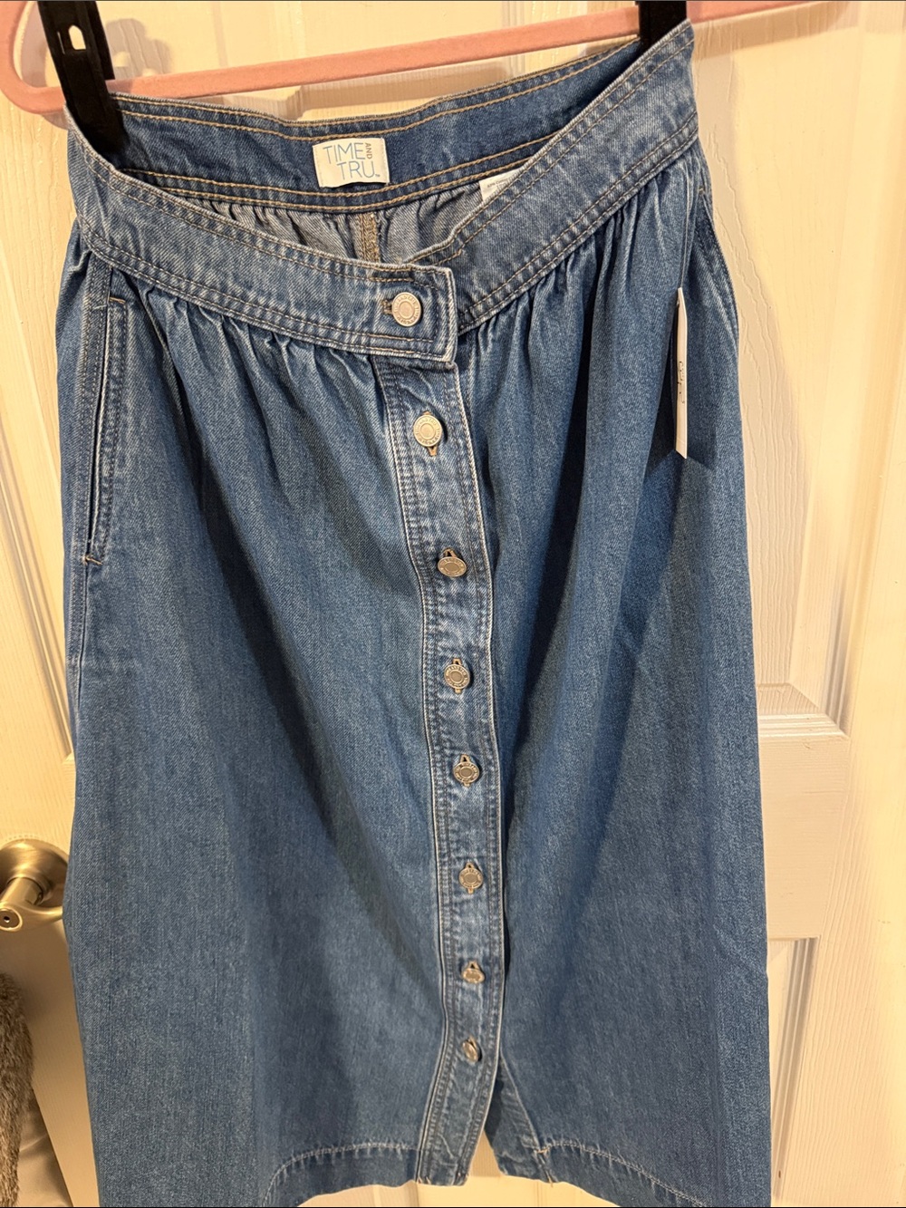 Time and Tru Blue Button-Front Denim Midi Skirt